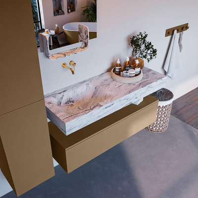 Mondiaz ALAN-DLUX Ensemble de meuble - 120cm - meuble Oro mat - 1 tiroir - Lavabo Cloud Glace suspendu - vasque Gauche - 0 trous de robinet