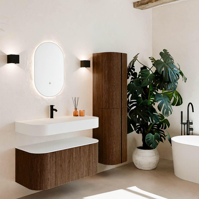 MONDIAZ THOR 100cm meuble de salle de bains arrondi gauche + droite couleur Walnut avec 1 tiroir et 2 portes. Vasque suspendue CLOUD Milieu 1 trou de robinet couleur Talc.