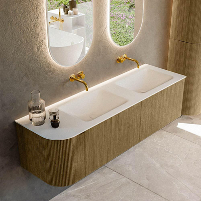 Mondiaz KURVE Ensemble de meuble de salle de bains - 155x46x40cm - 2 tiroirs - 1 porte - lavabo solid surface - double / droite - sans trou de robinet - Dusk