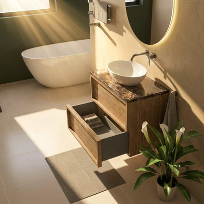 Saniclass Holz Frame Ensemble de meubles de salle de bains - 80x45x63cm - plan de travail en pierre naturelle Noche dark emperador - sans trou de robinetterie - 2 tiroirs - chêne naturel mat (bois)
