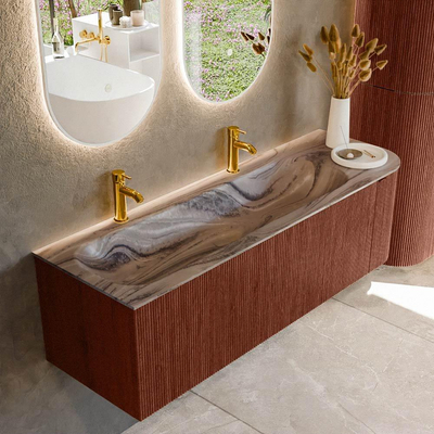 MONDIAZ KURVE-DLUX 145cm meuble de salle de bains arrondi Droit couleur Ruby avec 1 tiroir et 1 porte. Lavabo BIG LARGE Gauche 2 trous de robinet Sombra.