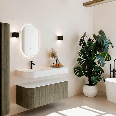 MONDIAZ THOR 120cm meuble de salle de bains arrondi gauche + droite couleur Shadow avec 1 tiroir et 2 portes. Vasque suspendue CLOUD gauche 1 trou de robinet couleur Talc.