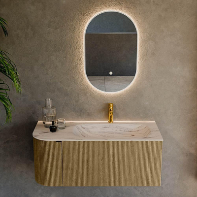 MONDIAZ KURVE-DLUX Meuble de salle de bains 105cm arrondi gauche couleur Dusk avec 1 tiroir et 1 porte. Lavabo BIG SMALL droit 1 trou de robinet Nata.