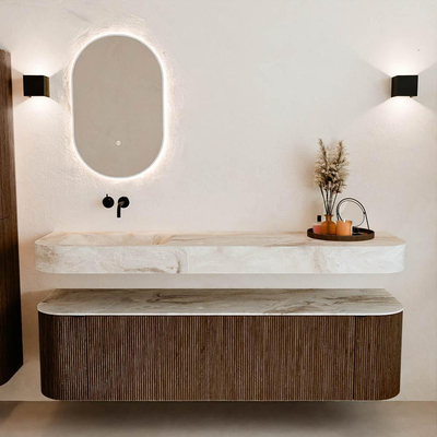 MONDIAZ THOR-DLUX 170cm badmeubel ronding links + rechts kleur Walnut met 1 lade en 2 deuren. Vrijhangende wastafel CLOUD Links zonder kraangat kleur Frappe.