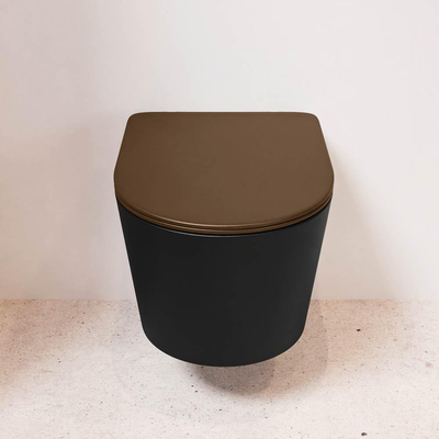 Mondiaz LAVIE hangtoilet – spoelrandloos – 36 x 53 cm – met softclose zitting – Urban (zwart), zitting Rust (bruin)