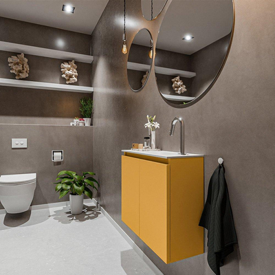 MONDIAZ TURE Fonteinset - 60x23x50cm - 1 kraangat - 2 deuren - ocher mat - Wasbak rechts - Solid Surface Wit
