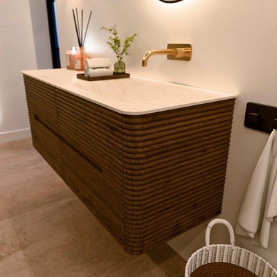 Mondiaz CIRO-DLUX Ensemble de meubles de salle de bains - 130x45x50cm - Plan vasque solid surface Meli - 1 lavabo à droite - sans trous de robinet - 4 tiroirs - Dusk
