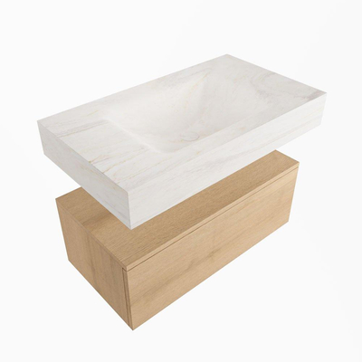 Mondiaz ALAN-DLUX Ensemble de meuble - 80cm - meuble Washed Oak mat - 1 tiroir - Lavabo Cloud Ostra suspendu - vasque Centre - 0 trous de robinet