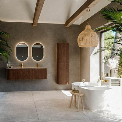 MONDIAZ KURVE-DLUX Meuble de salle de bains 145cm arrondi à gauche couleur Walnut avec 1 tiroir et 1 porte. Lavabo LEAF Double / Droite 2 trous de robinet Sombra.