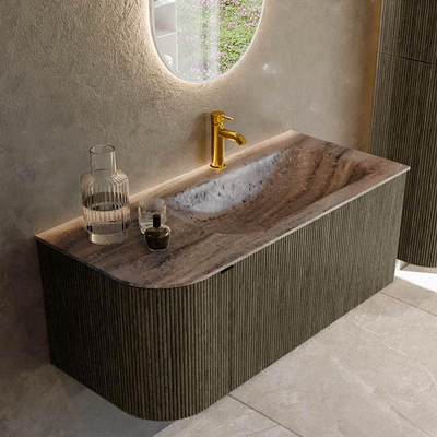 MONDIAZ KURVE-DLUX 105cm badmeubel ronding Links kleur Shadow met 1 lade en 1 deur. Wastafel BIG SMALL Rechts 1 kraangat Oza.