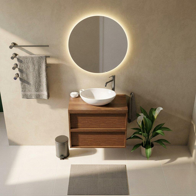 Saniclass Holz Frame Ensemble meuble de salle de bains - 80x45x63cm - plan de travail en pierre naturelle travertin - 1 trou de robinet - 2 tiroirs - noyer pure mat (bois)