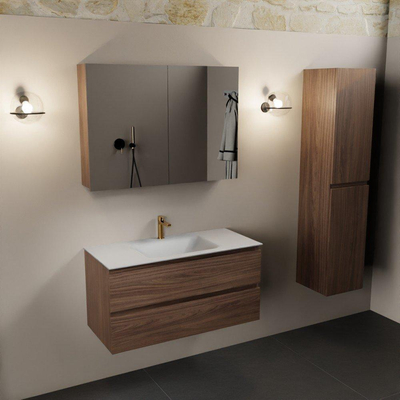 Mondiaz Aivy badmeubelset - 100x45x50cm - 1 kraangat - 1 wasbak talc Solid surface - Midden - 2 lades - Met spiegelkast - Melamine Mocha