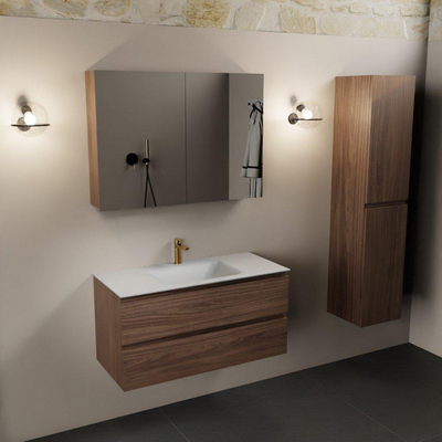 Mondiaz AIVY Ensemble de meuble - 100x45x50cm - 1 trou de robinet - 1 vasque Urban Solid surface - Centre - 2 tiroirs - avec armoire de toilette - Melamine Mocha