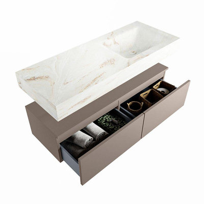 Mondiaz ALAN-DLUX Ensemble de meuble - 120cm - meuble Smoke mat - 2 tiroirs - Lavabo Cloud Frappe suspendu - vasque Droite - 0 trous de robinet