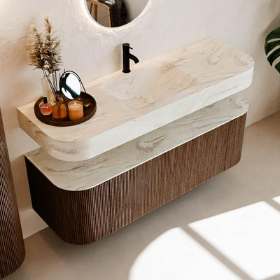 MONDIAZ THOR-DLUX 140cm badmeubel ronding links + rechts kleur Walnut met 1 lade en 2 deuren. Vrijhangende wastafel CLOUD Midden 1 kraangat kleur Ostra.