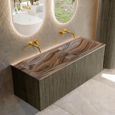 MONDIAZ KURVE-DLUX Meuble de salle de bains 120cm couleur Shadow avec 1 tiroir et 0 porte. Lavabo LEAF Double sans trou de robinet Sombra.