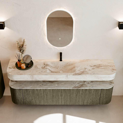 MONDIAZ THOR-DLUX 190cm meuble de salle de bains arrondi gauche + droite couleur Shadow avec 2 tiroirs et 2 portes. Vasque suspendue CLOUD Milieu 1 trou de robinet couleur Frappe.