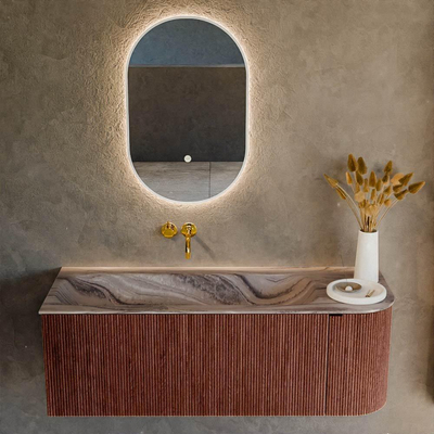 MONDIAZ KURVE-DLUX Meuble de salle de bains 125cm arrondi à droite couleur Ruby avec 1 tiroir et 1 porte. Lavabo BIG MEDIUM à gauche sans trou de robinet Sombra.