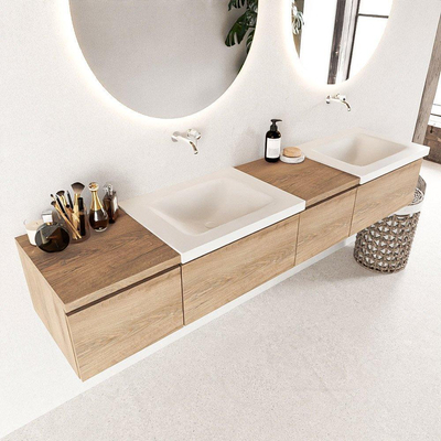 Mondiaz BUKLA badkamermeubelset 200x45x34cm 0 kraangaten 2 wasbakken solid surface Talc greeploos 4 lades met softclose Melamine Washed Oak