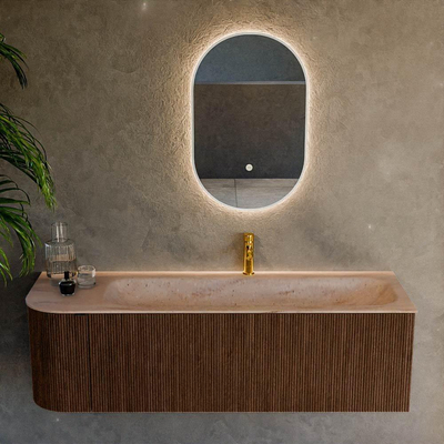 MONDIAZ KURVE-DLUX 145cm badmeubel ronding Links kleur Walnut met 1 lade en 1 deur. Wastafel BIG LARGE Rechts 1 kraangat Saba.