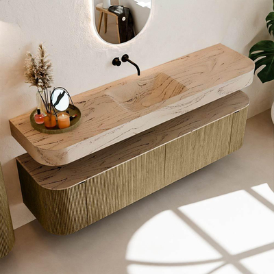 MONDIAZ THOR-DLUX 180cm meuble de salle de bains arrondi gauche + droite couleur Dusk avec 2 tiroirs et 2 portes. Vasque suspendue CLOUD Centre sans trou de robinet couleur Arena.