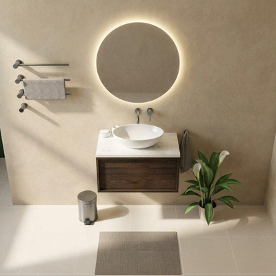 Saniclass Holz Frame Ensemble de meubles de salle de bains - 80x45x43cm - Plan vasque en marbre Dia poli (blanc) - sans trou de robinetterie - 1 tiroir - chêne charcoal mat (bois)