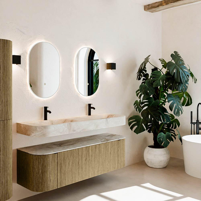 MONDIAZ THOR-DLUX 150cm meuble de salle de bains arrondi gauche + droite couleur Dusk avec 1 tiroir et 2 portes. Vasque suspendue CLOUD Double 2 trous de robinet couleur Frappe.