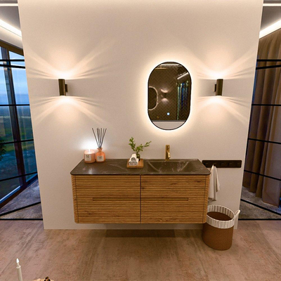 Mondiaz CIRO-DLUX Meuble de salle de bains - 130x45x50cm - Lavabo solid surface Lava - 1 vasque à droite - 1 trou de robinet - 4 tiroirs - Chêne