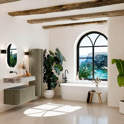 MONDIAZ THOR-DLUX 100cm meuble de salle de bains arrondi gauche + droite couleur Shadow avec 1 tiroir et 2 portes. Vasque suspendue CLOUD Gauche sans trou de robinet couleur Sombra.