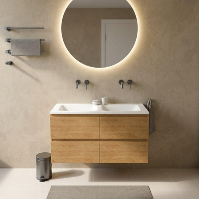 Saniclass Holz Pure Ensemble de meubles de salle de bains - 120x45x77.5cm - lavabo Torino en solid surface blanc - sans trou de robinet - 4 tiroirs - chêne natural mat (bois)