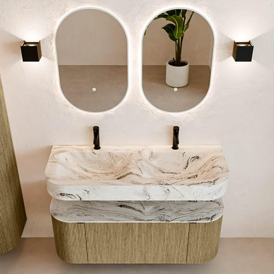 MONDIAZ THOR-DLUX 120cm meuble de salle de bains arrondi gauche + droite couleur Dusk avec 1 tiroir et 2 portes. Vasque suspendue CLOUD Double 2 trous de robinet couleur Glace.