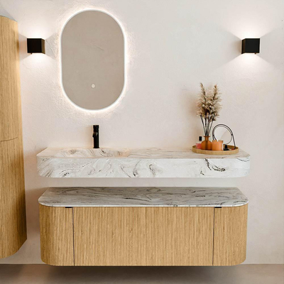 MONDIAZ THOR-DLUX Meuble de salle de bains 140cm arrondi gauche + droite couleur Oak avec 1 tiroir et 2 portes. Vasque suspendue CLOUD Gauche 1 trou de robinet couleur Glace.