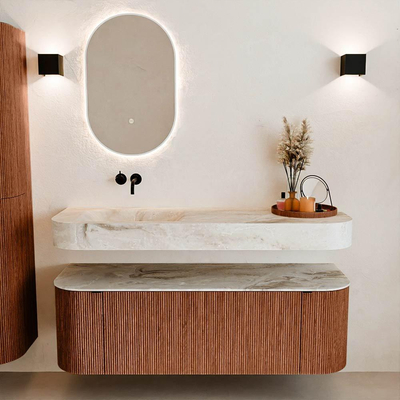 MONDIAZ THOR-DLUX 140cm meuble de salle de bains arrondi gauche + droite couleur Ruby avec 1 tiroir et 2 portes. Vasque suspendue CLOUD Gauche sans trou de robinet couleur Frappe.