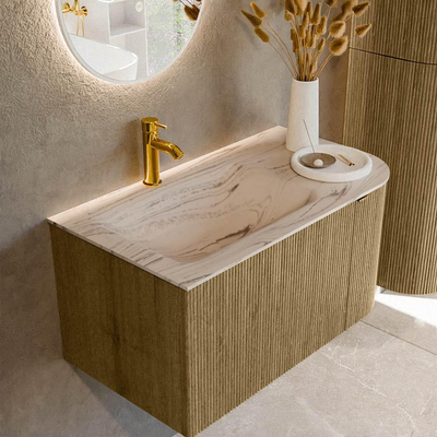 MONDIAZ KURVE-DLUX 85cm badmeubel ronding Rechts kleur Dusk met 1 lade en 1 deur. Wastafel CLOUD Links 1 kraangat Nata.