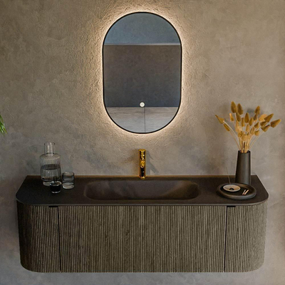 Mondiaz KURVE Ensemble de meuble salle de bain - 140x46x40cm - 1 tiroir - 2 portes - lavabo en solid surface - milieu - 1 trou de robinet - Shadow