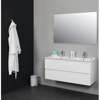 Basic Line Bella Badkamermeubelset - 120x55x46cm - 2 wasbakken - Keramiek - Wit - 2 kraangaten - Wandspiegel zonder verlichting - Melamine Wit hoogglans
