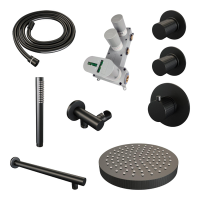 BRAUER Stripe Thermostatische Inbouw Regendouche - SET 01 - 25cm douchekop - rechte muurarm - staaf handdouche - doucheslang - wandaansluitbocht - mat zwart