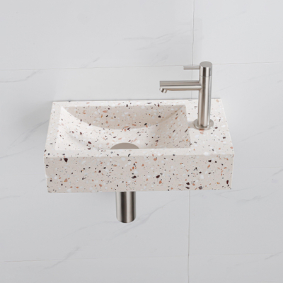 FugaFlow Eccelente Pietra Ensemble de fontaine - 40x22x10cm - trou de robinet à droite - robinet de fontaine en acier inoxydable brossé PVD - bouchon de vidange - siphon abaissé - beige mat