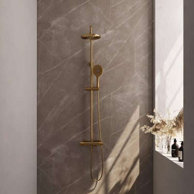 Brauer Gold Carving Colonne de douche murale thermostatique avec pommeau rond 20cm et douchette Rond 3 jet flexible lisse 150cm et barre de douche avec support douchette Or brossé PVD