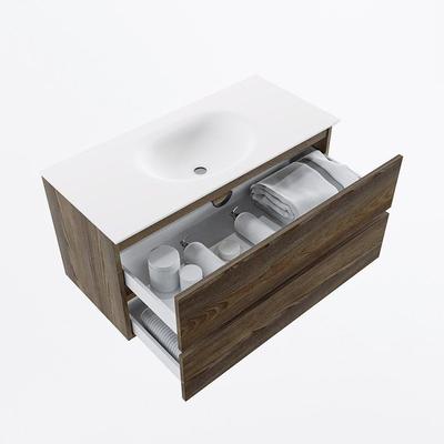 Mondiaz VICA ensemble de meuble de salle de bain - 100cm - meuble sous-vasque marron foncé gris - 2 tiroirs - lavabo lune milieu - 1 trou de robinet - version haute de 60cm - talc