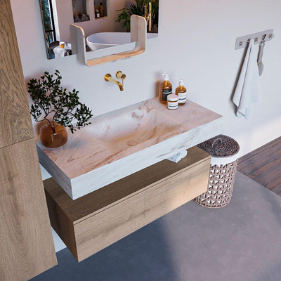 Mondiaz ALAN-DLUX Ensemble de meuble - 100cm - meuble Washed Oak mat - 1 tiroir - Lavabo Cloud Frappe suspendu - vasque Centre - 0 trous de robinet