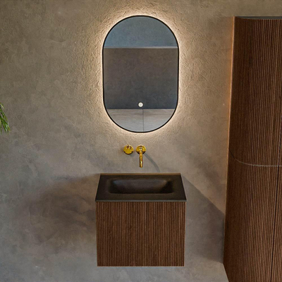 MONDIAZ KURVE Meuble de salle de bains 50 cm couleur Walnut avec 1 tiroir. Lavabo GRUNNE central sans trou de robinet Urban.