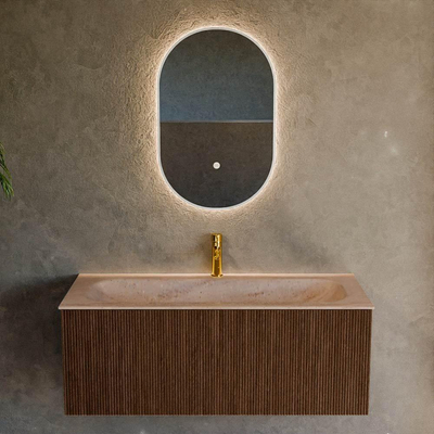MONDIAZ KURVE-DLUX 110cm badmeubel kleur Walnut met 1 lade en 0 deuren. Wastafel BIG MEDIUM Midden 1 kraangat Saba.