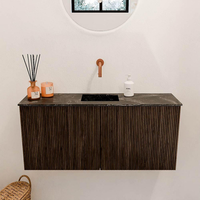 Mondiaz JOYA-DLUX 90cm meuble de salle de bains WC - couleur Walnut - Vasque FAYE position Milieu Sans trou de robinet couleur Lava.