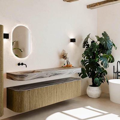 MONDIAZ THOR-DLUX Meuble de salle de bains 190cm arrondi gauche + droite couleur Dusk avec 2 tiroirs et 2 portes. Vasque suspendue CLOUD Gauche sans trou de robinet couleur Sombra.