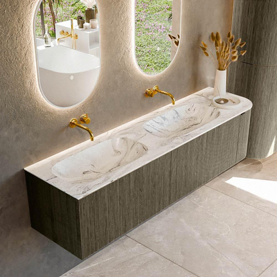 Ensemble de meuble de salle de bain Mondiaz KURVE-DLUX - 175x46x40cm - 2 tiroirs - 1 porte - lavabo en solid surface - double / gauche - sans trou de robinet - Shadow