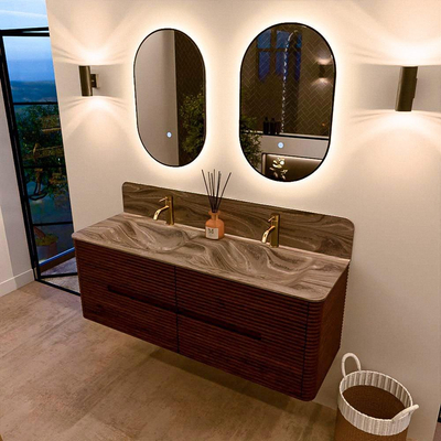 Mondiaz CIRO-DLUX Badkamermeubelset - 140x45x50cm - Solid surface wastafel Sombra - 2 wasbak Dubbel - 2 kraangaten - 4 lades - Ruby
