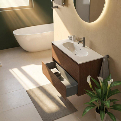 Saniclass Holz Pure Ensemble meuble de salle de bains - 100x45x73.9cm - lavabo Chaci en céramique blanc - 1 vasque - 1 trou de robinetterie - 2 tiroirs - noyer pure mat (bois)