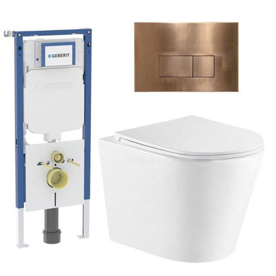 QeramiQ Dely Toiletset - 36.3x51.7cm - diepspoel - rimless - Geberit UP720 inbouwreservoir - softclose toiletzitting - koperen bedieningsplaat - rechtehoekige knoppen - met Burda frame - mat wit