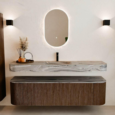 MONDIAZ THOR-DLUX 170cm meuble de salle de bains arrondi gauche + droite couleur Walnut avec 1 tiroir et 2 portes. Vasque suspendue CLOUD Milieu 1 trou de robinet couleur Sombra.